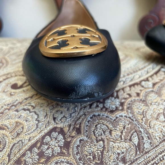 Tory Burch Benton Ballet Flats Shoes Black Nappa Leather Gold Tone Logo Size 7.5 - Picture 9 of 13